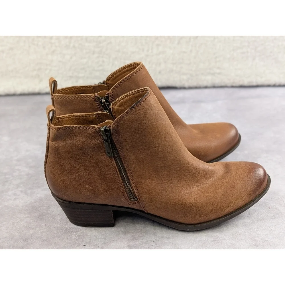 Lucky Brand Basel Tan Leather Ankle Booties Womens 8W Round Toe Low Block Heel